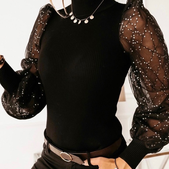 ✨SEQUIN MESH SLEEVES BLACK MOCK NECK KNIT TOP-NEW - Picture 2 of 10
